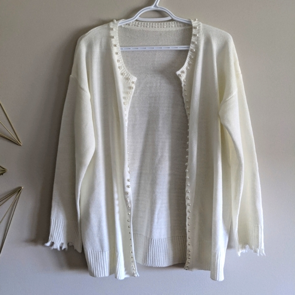 NWT Pearl Beaded Distressed Cardigan, white, small - Picture 6 of 12